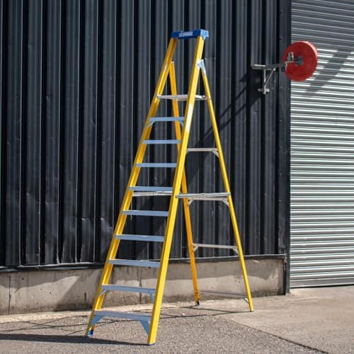 Image of Trade Master Pro® Fibreglass Platform Step Ladder | Electricians Ladder | Non Conductive up to 30,000V | Non-Slip Feet | Painting & Decorating | EN131 Pro Certified | 2.13m Platform Height | 10 Steps
