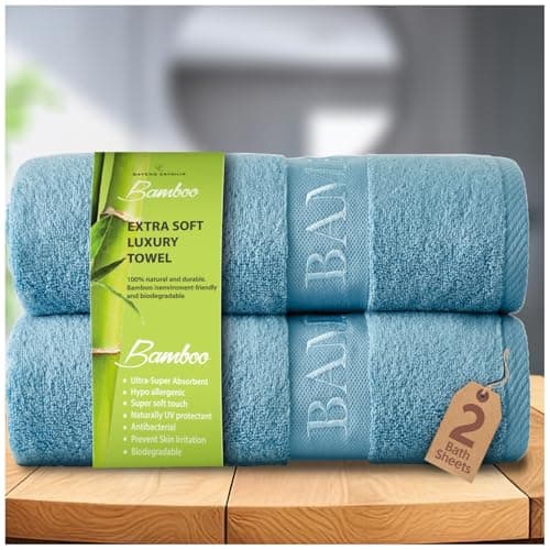 Image of GC GAVENO CAVAILIA 550 GSM Bamboo Giant Bath Sheet | 2 PK Big Towels For Adults | Super Soft Ultra Absorbent 60% Bamboo 40% Cotton Bath Towels | Blue 80x140 Cm