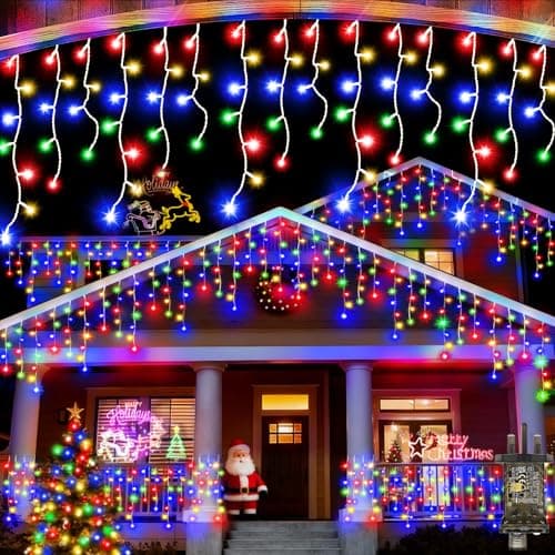 Image of 66 FT 640 LED Icicle Christmas Lights Outdoor Decorations Clear Wire String Lights Plug in 120 Drops 8 Modes Timer Connectable Curtain Fairy Lights Waterproof for Holiday Wedding Party-Multicolor