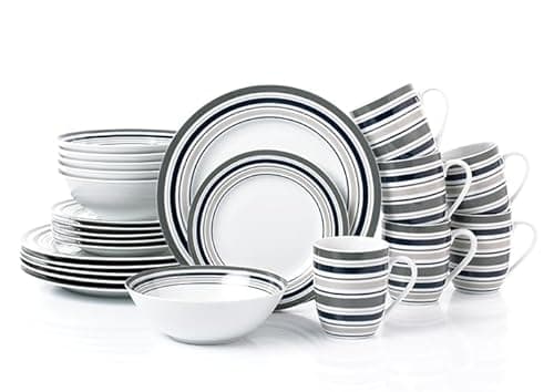 Image of Waterside - 24pc Brompton Grey Stripe Porcelain Dinner Set; 4 Dinner Plates, Side Plates, Deep Bowls & Mugs - Dishwasher & Microwave Safe
