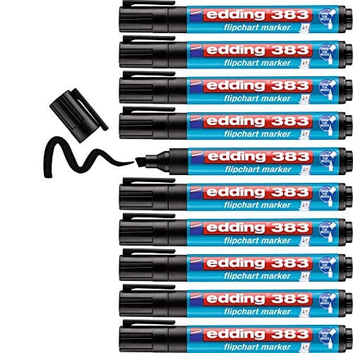 Image of edding 383 flipchart marker - black - box of 10 - chisel nib 1-5 mm - marker for writing, drawing and marking on flipchart paper - does not bleed through - does not dry out