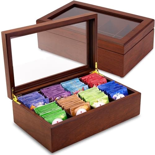 Image of Tea Box - Luxury Wooden Tea Storage Chest from the Apace Living Premier Collection - 8 Adjustable Compartment Tea Bags Organizer Container - Elegantly Handmade w/Scratch Resistant Window