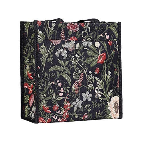 Image of Signare Tapestry Shoulder Bag Shopping Bag for Women with Garden Flower and Creatures (Morning Garden Black)