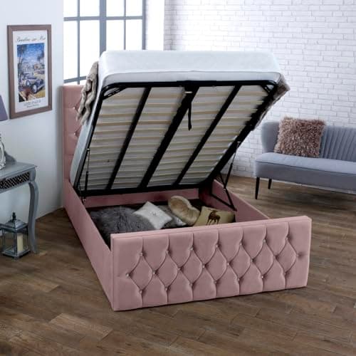 Image of AuGold Beds Upholstered Orion 4FT6 Double Ottoman Bed – Pink Plush Velvet Double Bed Frame with Headboard, Footboard & Lift-Up Storage bed – Durable Modern Bed for Chic Bedrooms