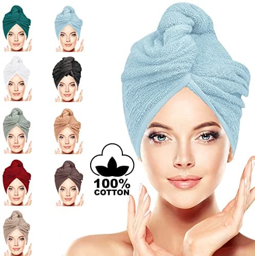 Image of LUXURY Hair Towel Wrap 100% Cotton, Instant Drying Lightweight Turban Cap Super Quick Absorbent Anti-Frizz Twist Toweling Dry Hat with Button Loop for Long Curly Hairs, 62CM x 23CM Light Blue Single