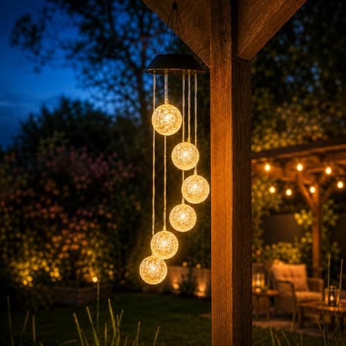 Image of Festive Lights - Solar Wind Chime Light – 73cm Hanging Garden Chimes with Glass Effect Orbs, Warm White LED, Outdoor Pergola Patio Walkway Decoration, IP44 Waterproof
