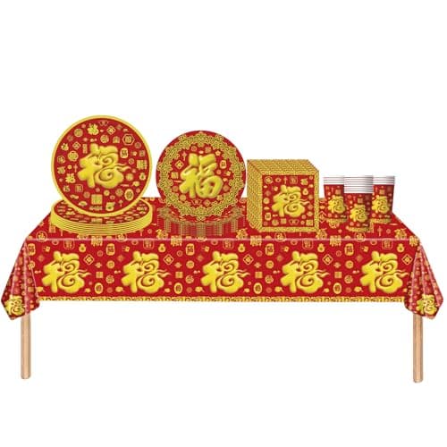 Image of 69Pcs Chinese New Year Party Tableware Set Red Blessing Plastic Table Cloth Paper Plates Napkins and Cups Happy 2025 Snake Year Supplies Dinnerware Spring Festival Decorations for Chinese New Year Eve