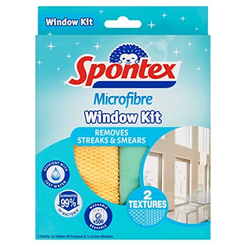 Image of Spontex Microfibre Window Kit | 2 Wipes | Efficient with Just Water | Removes Streaks & Smears