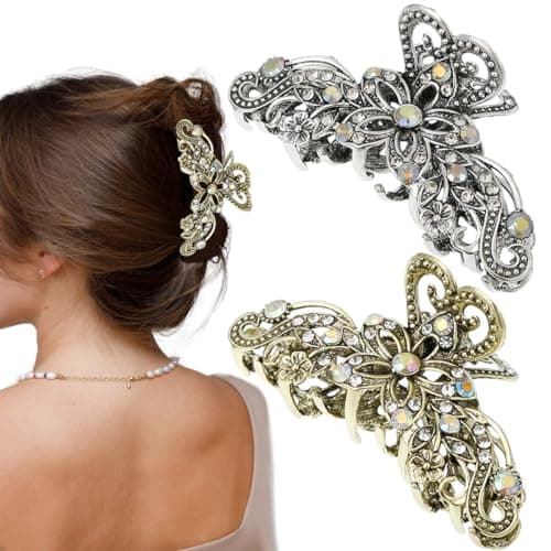 Image of 2 PCS Vintage Rhinestone Hair Claw Clips - Shiny Metal Antique Silver Plated Retro Flower Non Slip Hair Jaw Clips for Women & Girls