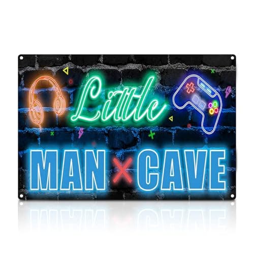 Image of Little Man Cave Sign Gaming Room Decor Gamer Gifts for Boys Bedroom Accessories Gaming Stuff Cool Teen Boy Little Man Cave Wall Art Metal Sign, 30 x 20 cm