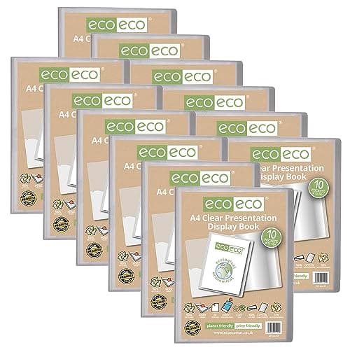 Image of eco-eco A4 Size 50 Percent Recycled 10 Pocket Clear Presentation Display Book, Storage Case Portfolio Art Folder with Plastic Sleeves, Pack of 12, eco125x12
