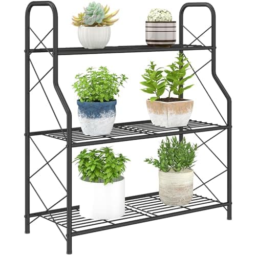 Image of Outsunny 3-Tier Metal Plant Stand, Heavy Duty Ladder Shelf Potted Plants Display Rack with Adjustable Foot Pads, Indoor Outdoor Flower Pot Holder for Garden Balcony Patio