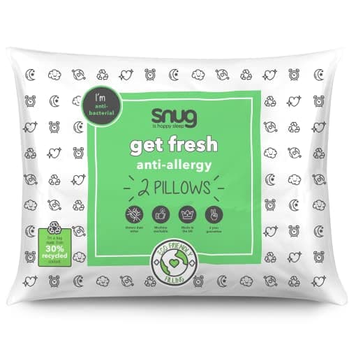 Image of Snug Get Fresh Pillows 2 Pack - Anti Allergy Pillows Ideal for Front, Back and Side Sleepers Made with Eco Friendly Hollowfibre Protecting Against Bacteria - Machine Washable - Pack of 2,White