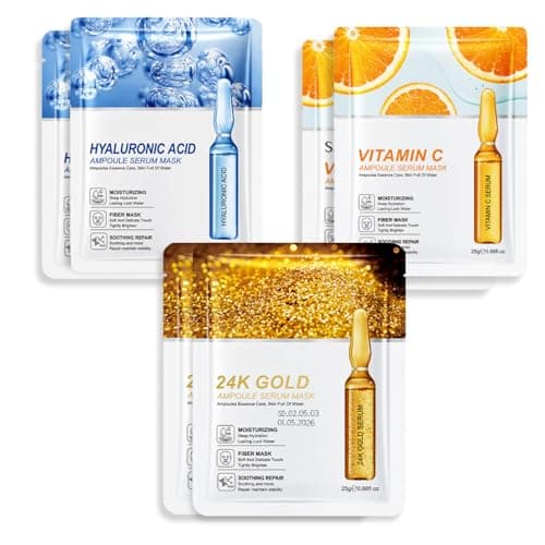Image of 6pcs Face Sheet Mask Set, 24K Gold Hyaluronic Acid Vitamin C Face Mask, Hydrating Facial Mask Korean Skincare, Ampoule Serum Sheet Masks for Dry Dull Skin, Face Mask Gift Set for Women