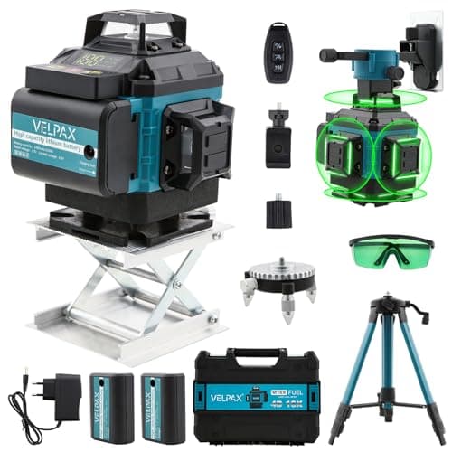 Image of Laser Spirit Level with Tripod,4x360° Self-Leveling Laser Level with 16 Green Lines,LED Display,Remote Control,Pulse Mode,Tool Box,and IP54 Waterproof