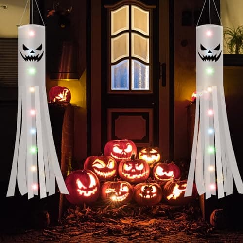 Image of Jsdoin 180CM Halloween Ghost Windsocks Flag with 2M LED Colorful Lights 2 PCS, Hanging Halloween Ghost Decoration Outdoor, Flag Wind Socks Décor for Yard Garden Door Lawn Dead Tree Party Supplies