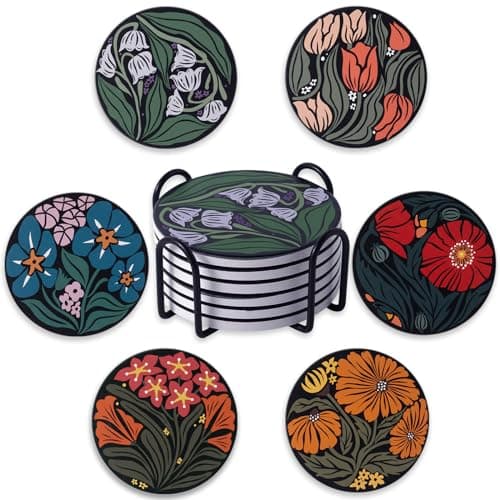 Image of STARUBY Drink Coasters Set of 6 Ceramic Coaster Beautiful Absorbent Coaster Drink Mat with Cork Base Flower 5 Patterns Round Coaster Non Slip for Coffee,Beer,Mug,Wine Glass Bottle,Home and Bar