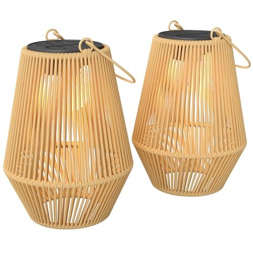 Image of Outsunny Hanging Solar Lights Outdoor Garden Lanterns, 2 Pack Rattan Solar Lights with Auto On/Off, Decorative Rattan Table Lamp with Handle, IP44 for Patio, Pathway, Terrace, Tree, Brown
