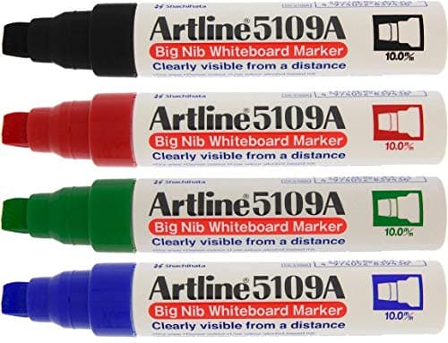 Image of Artline Pack of 4 Big Nib Whiteboard Pens (Black, Red, Blue & Green). Whiteboard Markers with 10mm Chisel Nib, White Board Markers Erasable for School or Office - Genuine White Board Pens