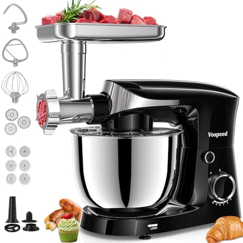 Image of Vospeed 9-in-1 Stand Mixer, 1500W Electric Kitchen Mixer with 5.5L Bowl, Multifunctional Food Mixer for Cake, Bread, and Dough with Meat Grinder, Sausage Maker, Pasta & Cookie Attachments, Black