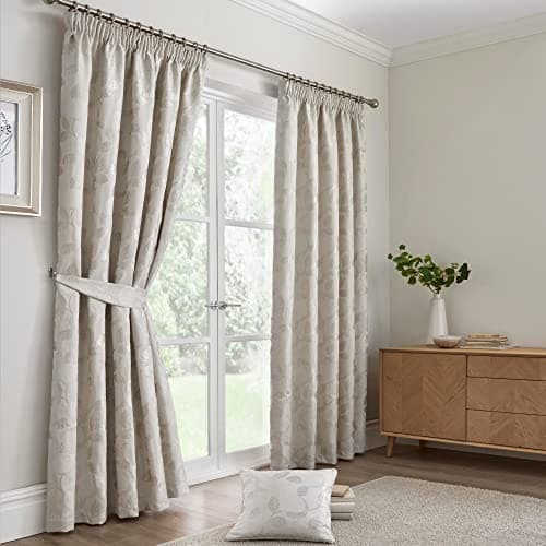 Image of Curtina - Pale Beige Leaf Curtains W46 x L54 (117 x 137cm) - Cream Pencil Pleat Curtains with Floral Leaves - Fruit Tree Curtains in Ivory - Luxury Curtains & Drapes for Bedroom/Living Room