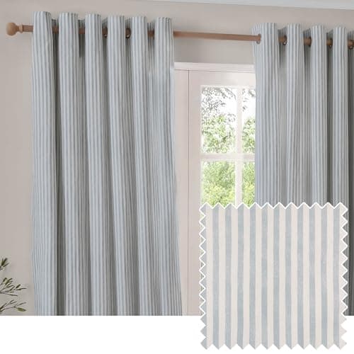 Image of Yard furn Hebden Eyelet Curtain Pair – Ultra Soft Cotton Lined Striped Curtains (Mineral Blue - 168x137cm)