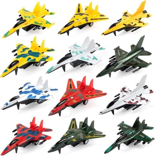 Image of Pull-Back Airplane Toys (12 Pack), Fighter Jet Toy Playset, Airplane Party Favors for Kids, Plane-Themed Gifts for 3-9 Year Old Boys and Girls