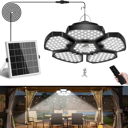 Image of NATPOW Solar Shed Light, Solar Gazebo Lights Motion Sensor with Remote Control Waterproof Timing Pendant Lights, 5M Cord Warm/Cool White Indoor Outdoor Light for Garden Patio, Garage Barn(1Pack)
