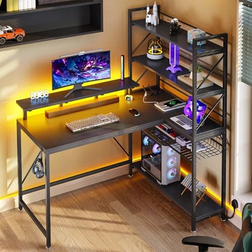 Image of YITAHOME L Shaped Gaming Desk with Power Outlets & LED Lights Corner Desk with Shelves 120CM Reversible Computer Desk with Storage Shelves Gaming Desk with Hooks for Home Office(Carbon Fibre Black)