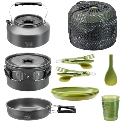 Image of Trail Camping Cookware Set 16pc, 2 Person Camp Cooking Kit, Non Stick Hard Anodised Aluminium, Cook Pot with Lid, Frying Pan, Kettle, Spatula, Cups, Plates, Cutlery, Lightweight Stackable with Bag