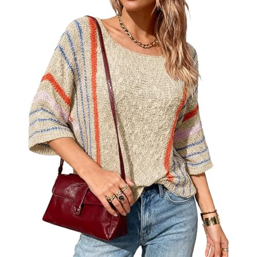 Image of Truwelby Women's Boho Knit Jumper Colour Block Striped Pullover Lightweight Cable Knit Sweater 3/4 Sleeve Tops for Spring Autumn (Beige, M)