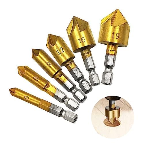 Image of 6Pcs Hss Countersink Drill Bit Set with 5 Flute 82 Degree Center Countersink Bits 1/4" Hex Shank Chamfering Drill Bits for Wood Quick Change Bit 6mm-19mm