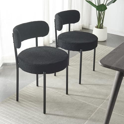 Image of Panana Set of 2 Dining Chairs, Modern Dining Room Chair,Mid-Century Round Upholstered Boucle Kitchen Dining Chairs (Black)