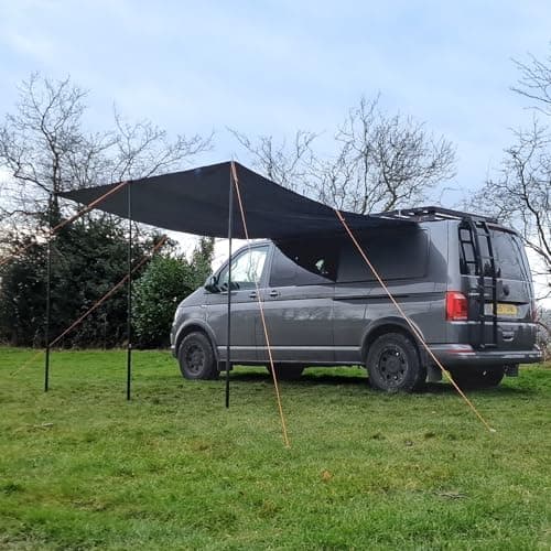 Image of Debus Campervan Sun Canopy V2.0 – Waterproof Lightweight Van Awning for VW Transporter & C-Rail Vans | 8m² UPF Sun Shade Shelter with Aluminium Telescopic Poles – Midnight Black