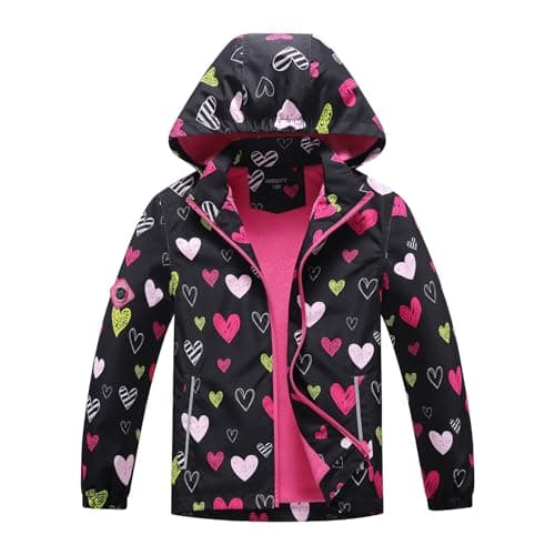 Image of BuyiRen Girls Windbreakers Jacket Rain Jackets Hooded Raincoat Fleece Lined Rain Coats for Kids, Black Hearts, 9-10 Years