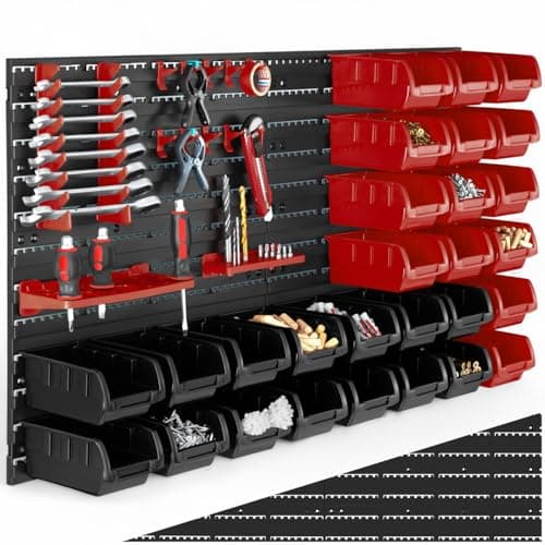 Image of tectake® 44 Pcs Wall-Mounted Tool Storage Organiser with 28 Parts Boxes, 2 Wall Plates & Tool Holders, Durable Pegboard & Stackable Storage Boxes with Easy Setup for Garage, Workshop & Shed - Single