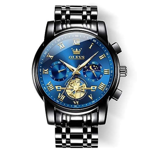 Image of OLEVS Men's Wrist Watches Two Tone Stainless Steel Quartz Watch Diamond Chronograph Moon Phase Gold Blue Black Dial Male Watch Waterproof Luminous
