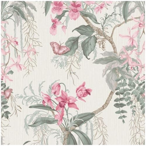 Image of YöL Vinyl Suki Trail Orchid Wallpaper – Textured Orchid Design in Pink and Sage – Paste The Paper – Ideal for Living Room, Bedroom, Hallway, or Dining Room – 10.05m x 53cm Roll