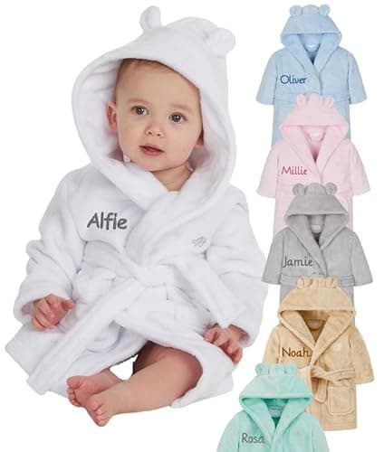 Image of Gembroidery Personalised Baby Bathrobe Hooded Fleece Dressing Gown Super Soft Gifts Bath Robe For Boys Girls Cute Teddy Ears (0-6 White)