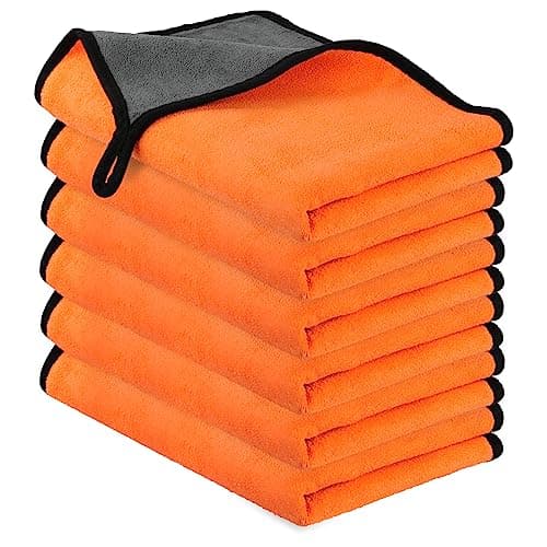 Image of URAQT Microfibre Cleaning Cloths, 6 Pack Car Cleaning Cloths, Two-layer Thickened Microfibre Towels, Lint Free Super Absorbent Cleaning Towel for Car Washing, Drying, Detailing, Orange, 40x60cm