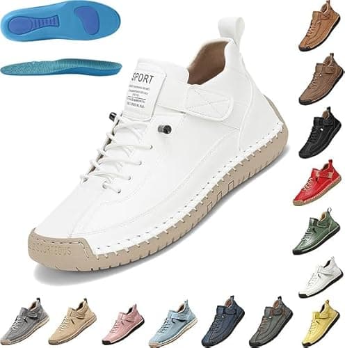Image of Women's Handmade Leather Orthopedic Comfy Shoes Men Casual Lightweight Non-Slip Walking Loafers Retro Flat Boat Sneakers (Yellow and White, Adult, Women, 9, Numeric, UK Footwear Size System, Medium)