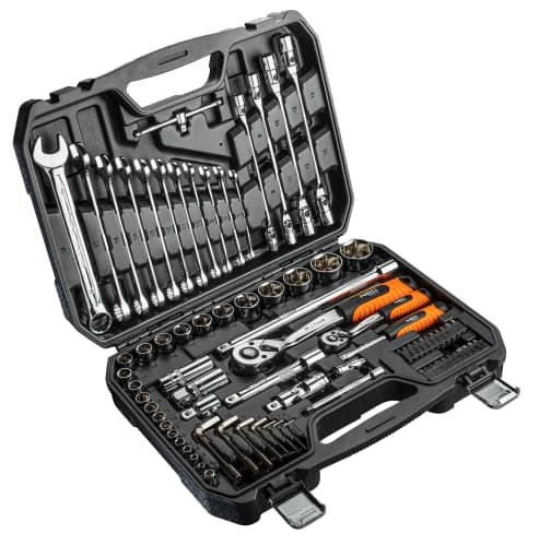 Image of Neo Tools Tool Box Filled 77-Piece Socket Spanner Set 1/4 Inch and 1/2 Inch Chrome Vanadium Special Steel with Key Extension Joint Ratchet Bit Set Professional Tool Box
