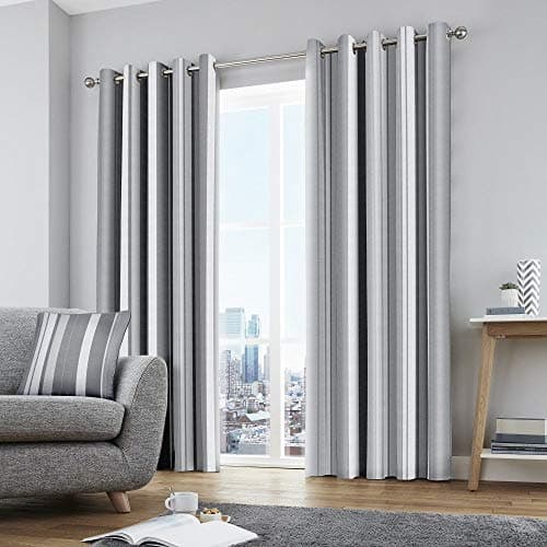 Image of Fusion Grey Stripe Eyelet Curtains – 66x90" (168x229cm) – 100% Cotton – Pair of Lined Panels – Modern Striped Design – Window Drapes for Bedroom or Living Room – Matching Cushion Available