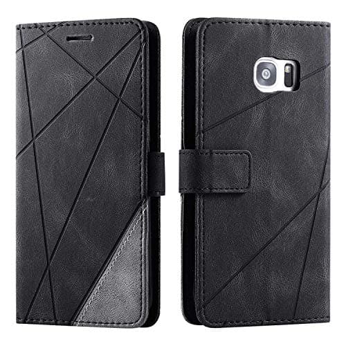 Image of SONWO Case for Galaxy S7 Edge Case, Premium Leather Flip Wallet Case Magnetic Closure Card Slots Kickstand Phone Case for Samsung Galaxy S7 Edge, Black