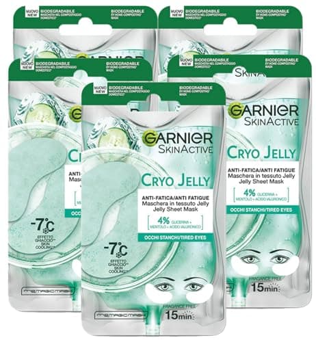 Image of Garnier SkinActive Cryo Jelly Biodegradable Textile Eye Contour Mask Anti-Fatigue Ice Effect with Hyaluronic Acid Conto Occhia Darkenings Vegan Formula - 5 Packs of 1 Application