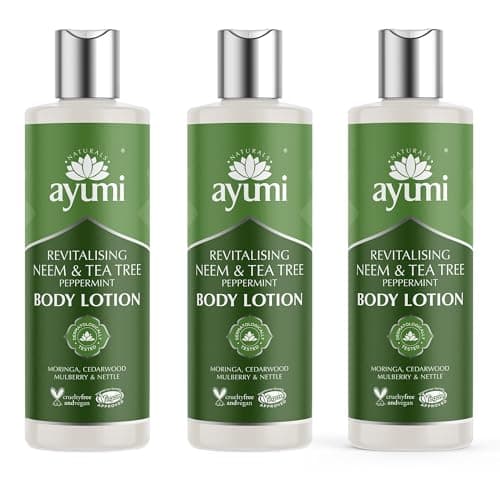 Image of Ayumi Neem & Tea Tree Body Lotion | Oil Control Moisturiser for Oily Skin | Acne Cream with Witch Hazel | Nettle Leaf Hand Cream to Soothe Irritation | Body Moisturiser for Men & Women | 3 x 250ml