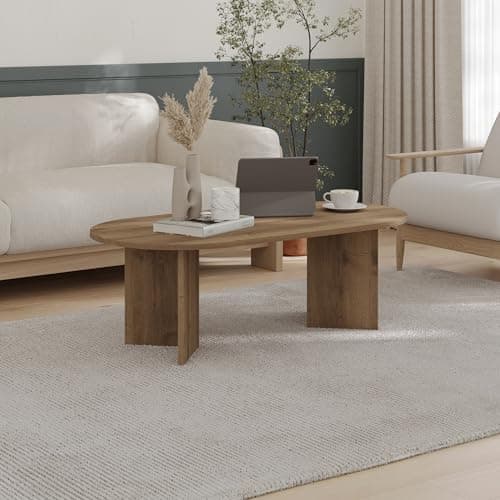 Image of HOCUS PICUS Oval Coffee Table, 119cm Scandi Japandi Centre Piece for Living Room, Minimalist 18mm Particleboard Furniture, Dark Oak Effect