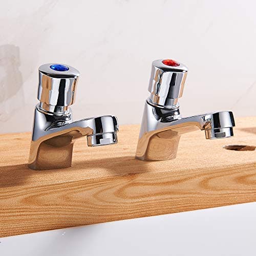 Image of Pair Bathroom Sink Taps 1/2 Hot Cold Mixer Non Concusive Push Button Self Closing Lever Basin Tap Set Chrome Twin Press Water Toilet Faucet