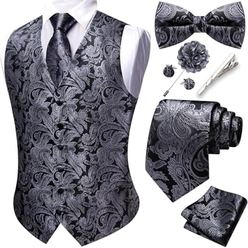 Image of Barry.Wang Men's Grey Waistcoat Paisley Formal Suit Vests Tie Bowtie Set Jacquard Clip Hanky Cufflinks Lapel Pin Wedding 8PCS