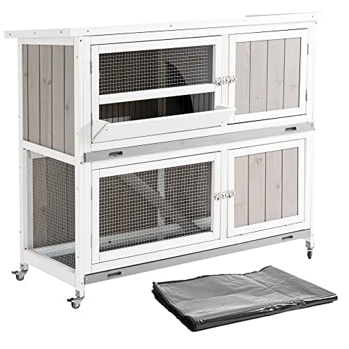 Image of PawHut 2-Tier Double Decker Rabbit/Guinea Pig Hutch Wooden Bunny Cages with Sliding Tray, Ramp and Wheel, Cover - (Grey)